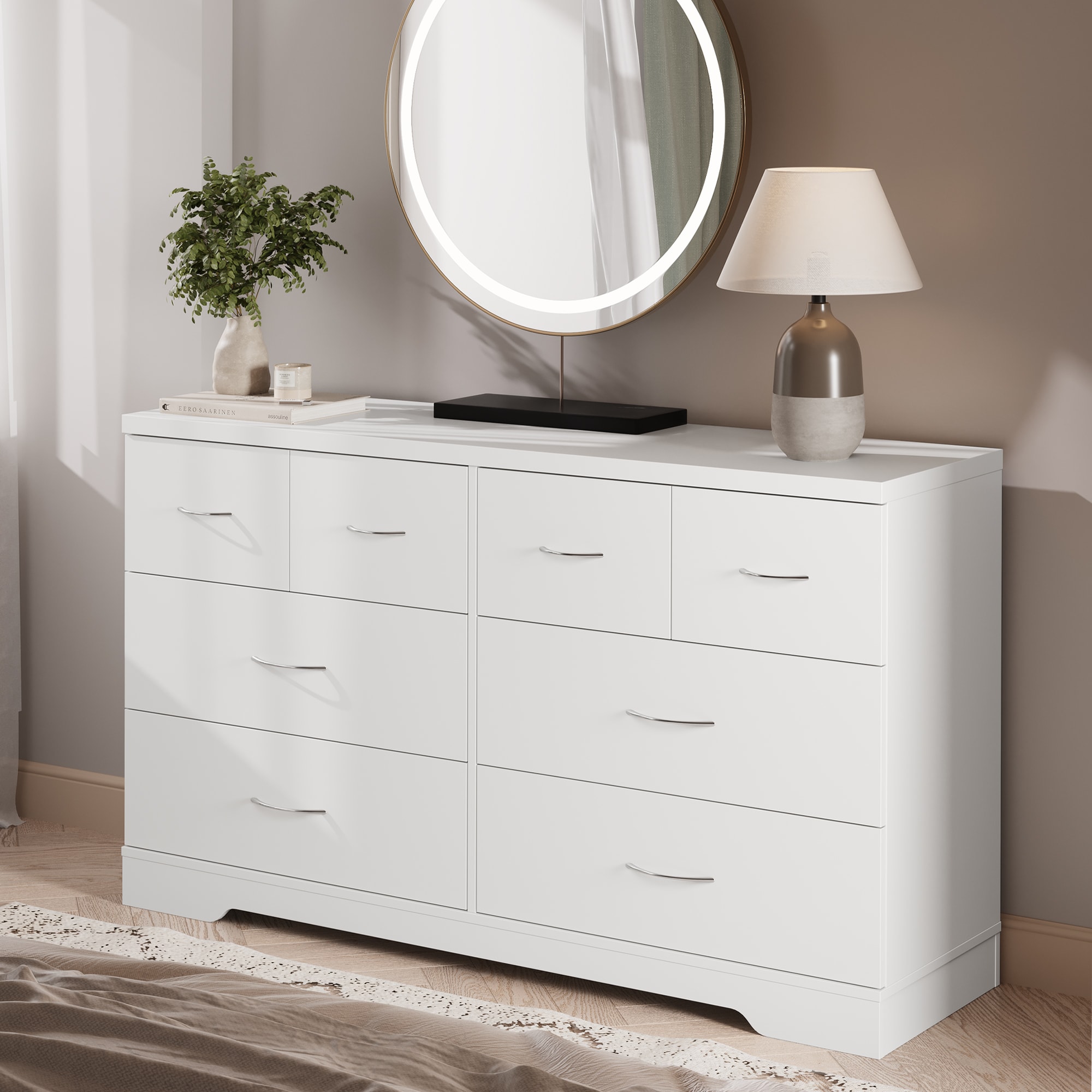 Large 8 Drawer Dresser for Bedroom, 55" Wide Modern Chest of Drawers, Dresser TV Stand with Metal Handle, Wood Drawer Organizer for Closet, Living Room, Hallway, White
